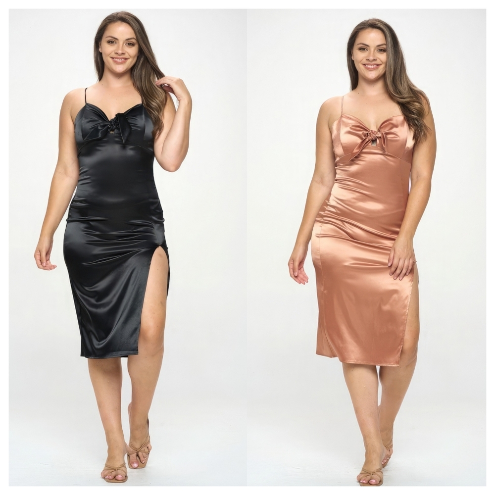 Plus Size Satin Slip Dress with Front Bow - Black & Rose Gold 2X and 3X